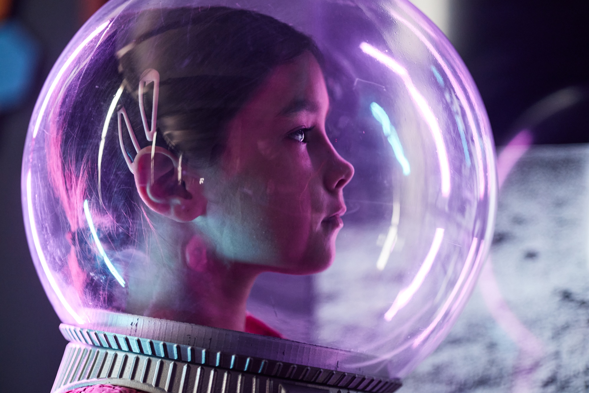 Caucasian Girl Child Wearing Spacesuit Helmet Imagining Space Exploration